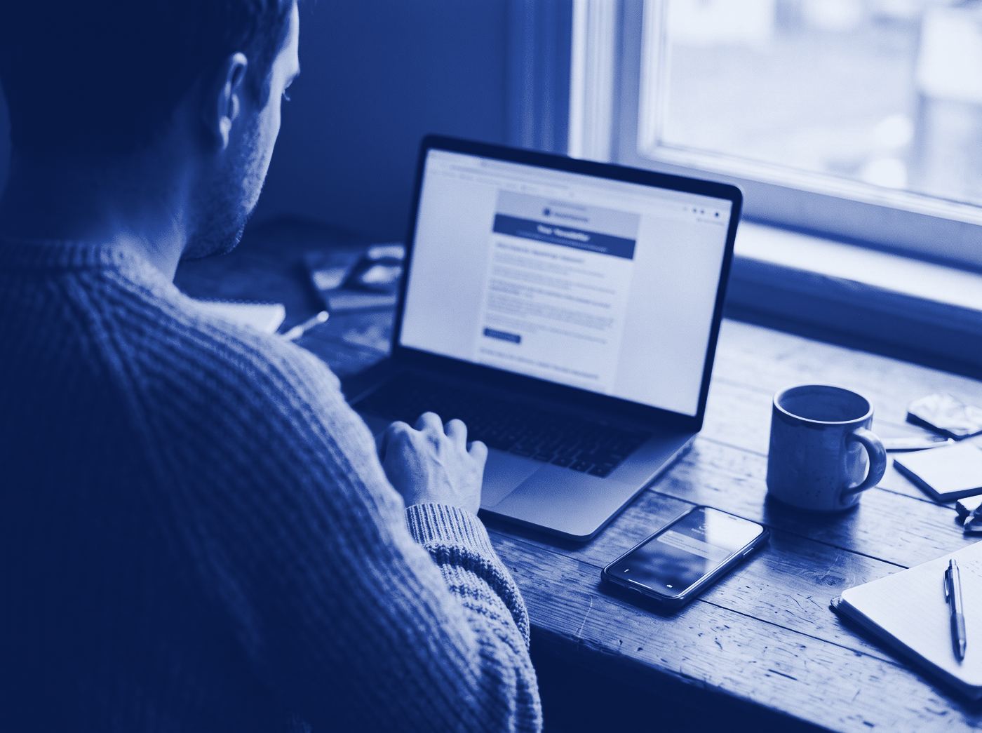 Reading an email newsletter on a laptop at a desk