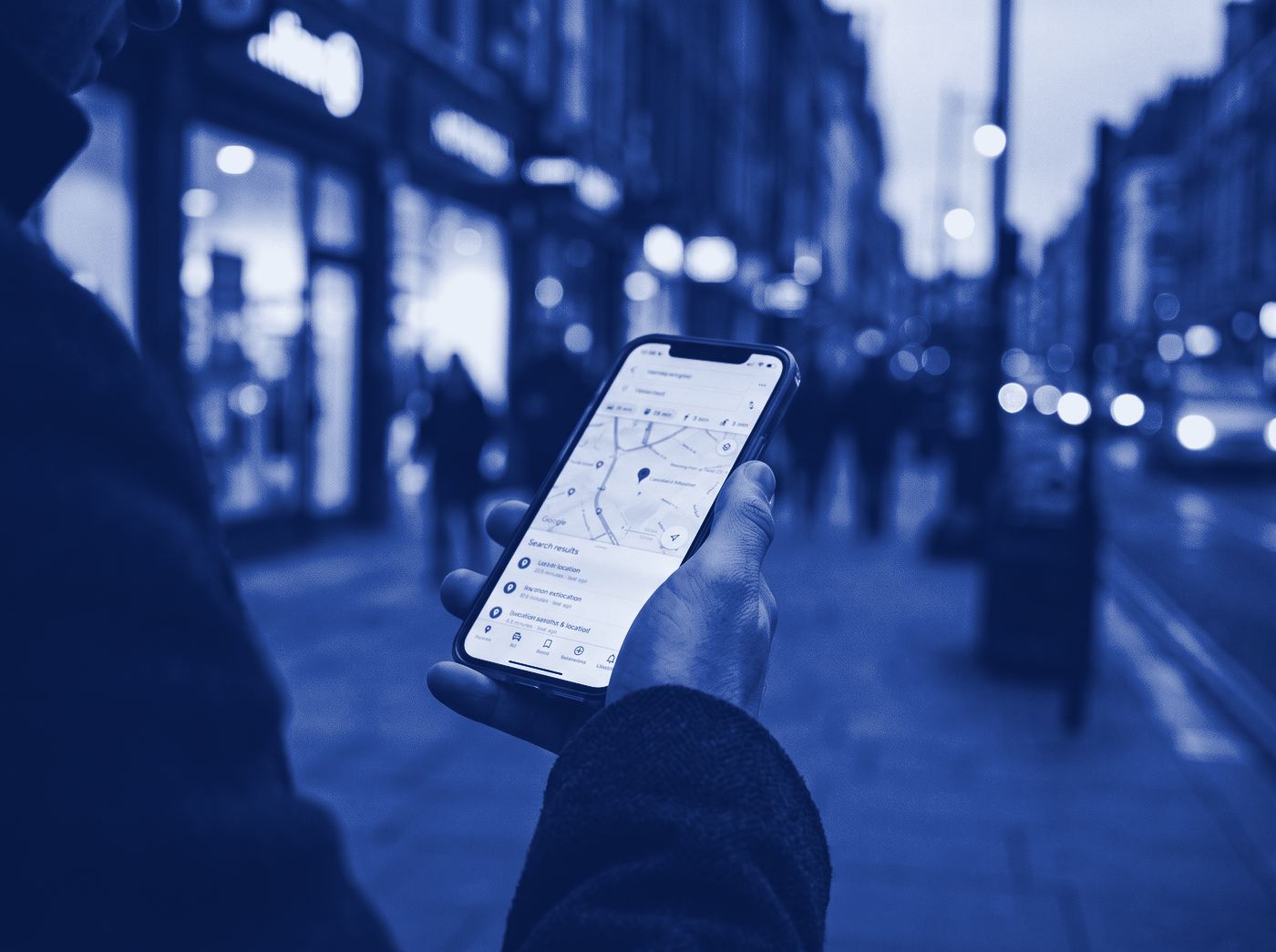 Phone showing map search results on a city street